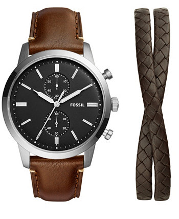 Мужские часы Townsman с хронографом, коричневыми часами с кожаным ремешком, 44 мм и браслетом Fossil