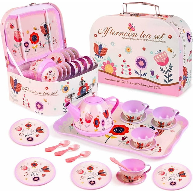 Style-Carry Kids Tea Set for Little Girls, Princess Tea Party Set for Toddlers Flower Design Toy Tea Set, Pretend Play Toys for Kids Style-Carry