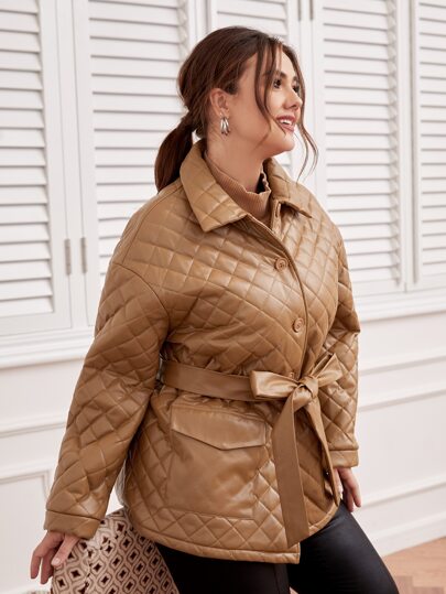 SHEIN размера плюс Стеганое пальто с карманом с поясом из искусственной кожи SHEIN