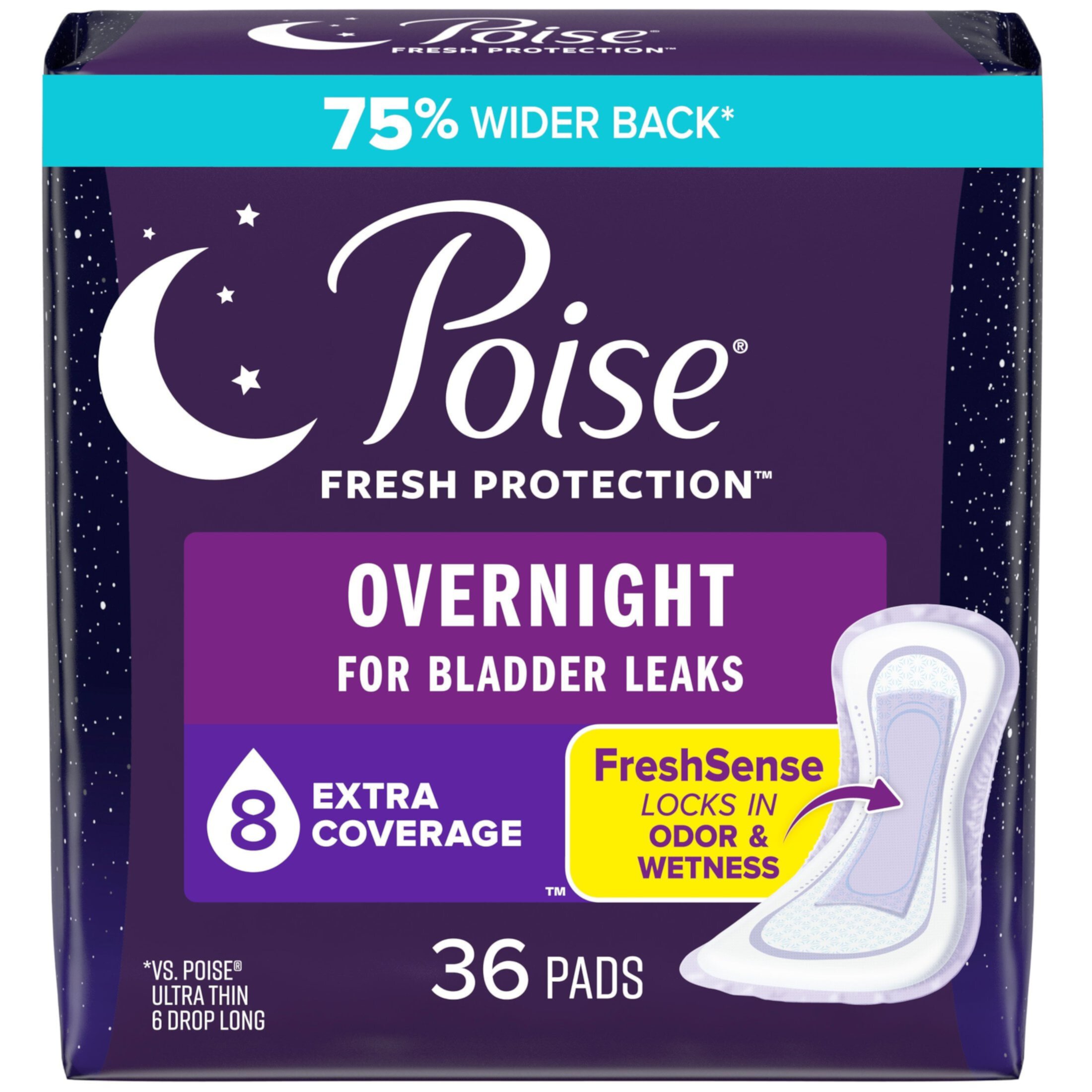 Poise Overnight Incontinence Pads for Women, 8 Drop Extra Coverage, 36 Count Poise