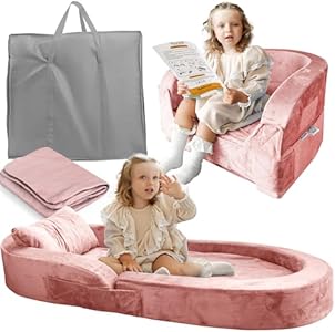 Sleepah Toddler Travel Bed & Chair – Foam Raised Safety Bumpers (55" x 26" x 8") – Foldable Portable Travel Cot for Children 18M – 6yr Old - Fold Out Sofa Couch Lounger with Sheet Pillow & Case (Pink) Sleepah