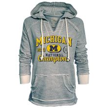 Women's Blue 84  Navy Michigan Wolverines College Football Playoff 2023 National Champions Striped French Terry V-Neck Pullover Hoodie Blue 84