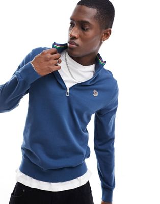 PS Paul Smith zebra icon badge logo cotton knit half zip sweater in mid blue PS Paul Smith