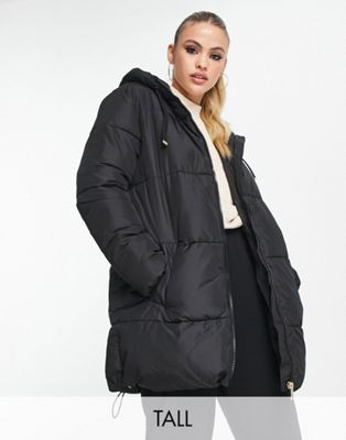 New Look Tall mid length hooded puffer coat in black New Look Tall