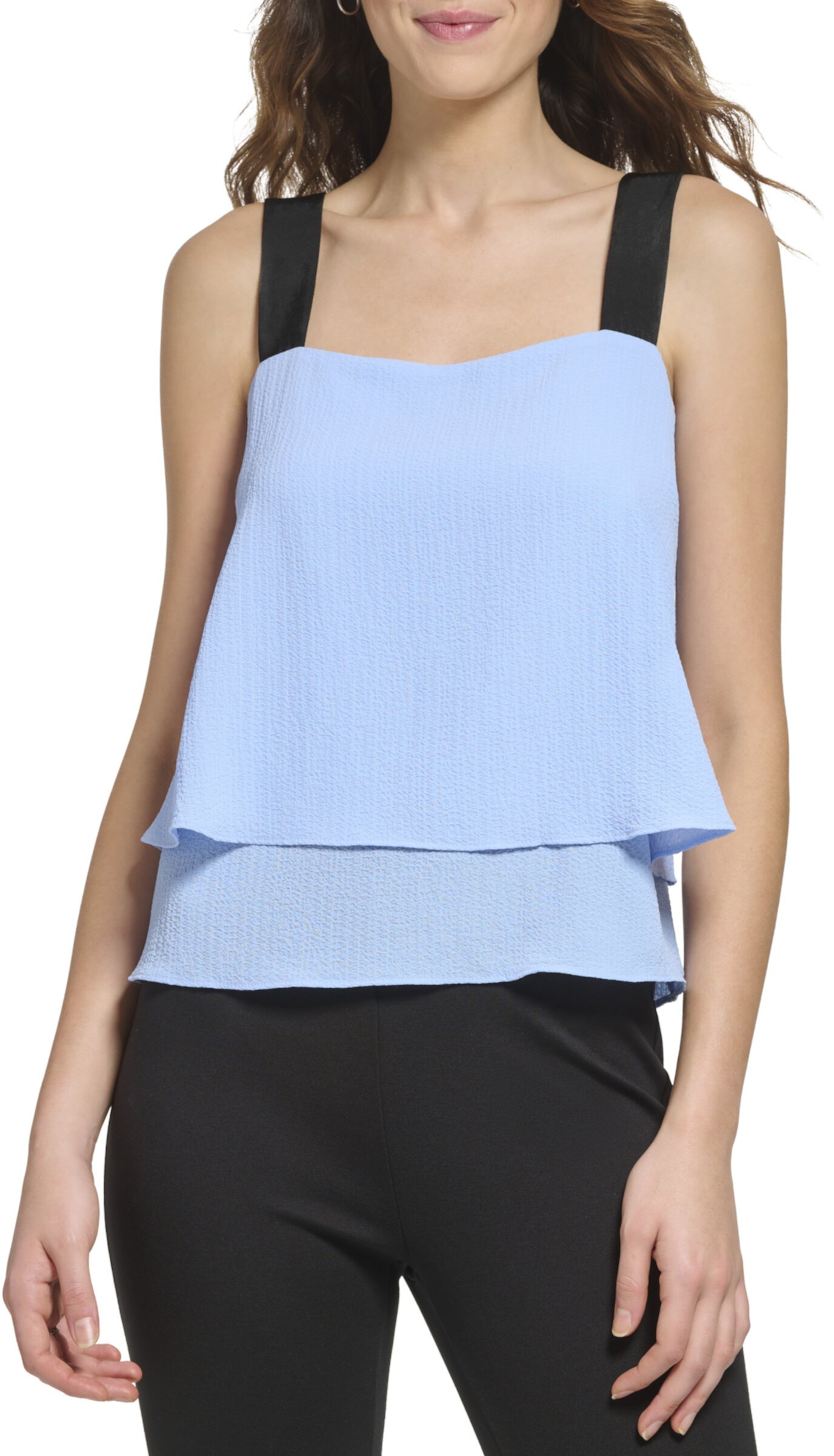 Sleeveless Contrast Strap Crepe Blouse Dkny