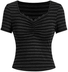 Women's Casual Striped Print T Shirt Short Sleeve Lace Trim Slim Fit Y2K Tee Tops RoseSeek