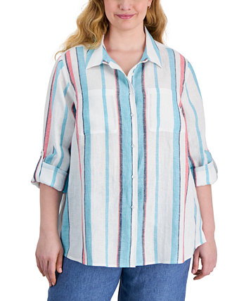 Plus Size Striped Linen Button-Front Shirt, Created for Macy's Charter Club