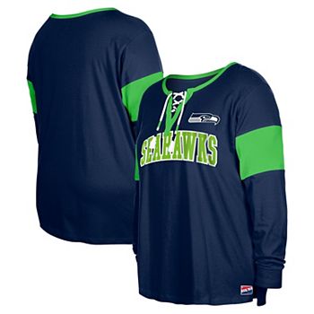 Women's New Era College Navy Seattle Seahawks Plus Size Lace-Up Notch Neck Long Sleeve T-Shirt New Era