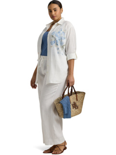 Plus-Size Oversize Floral Eyelet-Logo Linen Shirt LAUREN Ralph Lauren