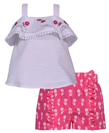 Baby Girls Sleeveless Seersucker Embroidered Double Ruffle Top with Lace Trim to Printed Ruffled Shorts Set Bonnie Baby
