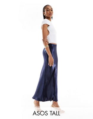 ASOS DESIGN Tall satin bias midi skirt in metallic navy ASOS Tall