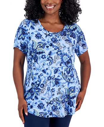 Plus Size Bloom Print Short-Sleeve Top, Created for Macy's J&M Collection