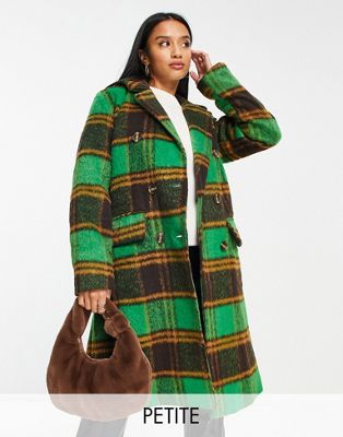 QED London Petite double breasted longline coat in green check QED London Petite