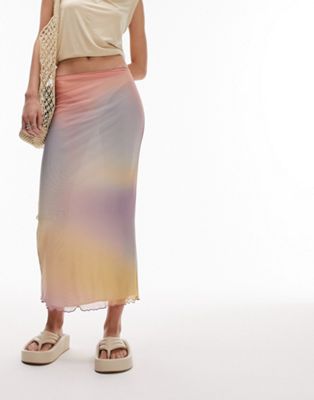 Разноцветная сетчатая юбка миди с пастельным размытым принтом и отделкой пико Topshop Petite Topshop Petite