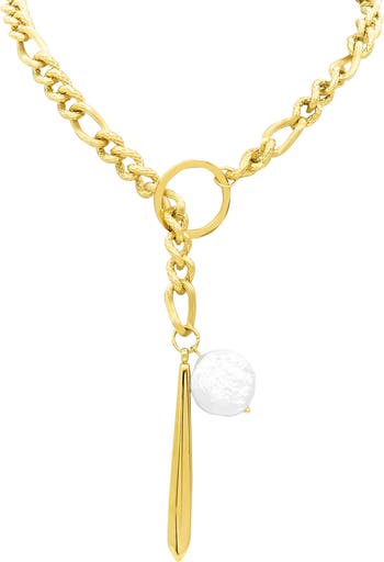 Ожерелье-цепочка Figaro из нержавеющей стали с покрытием из желтого золота 14 карат с искусственным жемчугом ADORNIA