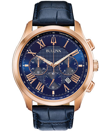 Мужские часы с хронографом Wilton с синим кожаным ремешком 46,5 мм Bulova