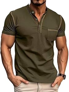 Men's Fashion Henley Shirt Classic Short/Long Sleeve Lightweight Button Cotton T-Shirt Casual Top Qekoma