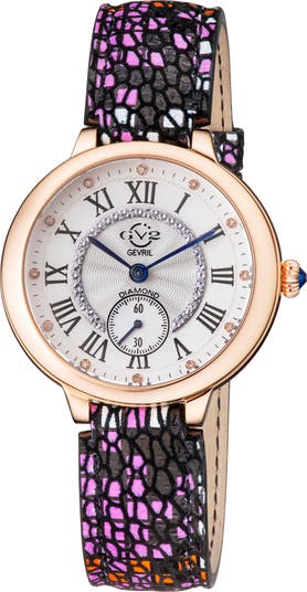 Женские часы Rome Diamond Swiss Quartz с кожаным ремешком с тиснением, 36 мм — 0,057 карата Gevril