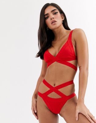 Candypants bandage cut out bikini bottom in red Candypants