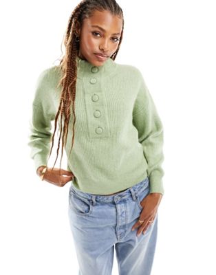 Текстурированный свитер с высоким воротником и пуговицами шалфейного цвета Pieces