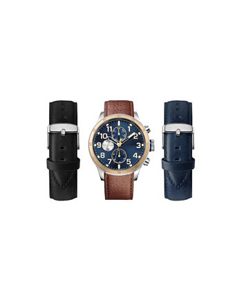 Мужские часы с кварцевым циферблатом и коричневым кожаным ремешком со сменными ремешками, набор из 3 шт. American Exchange
