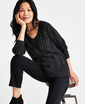 Женский блестящий свитер косой вязки с длинными рукавами и V-образным вырезом, созданный для Macy's Style & Co