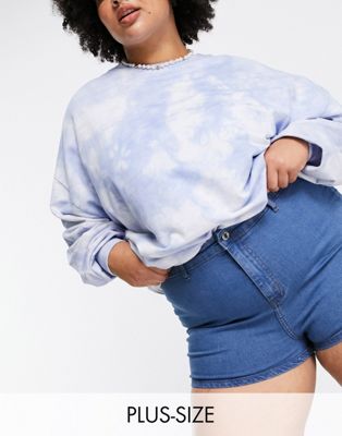 DTT Plus Charlotte high waisted disco denim shorts in mid blue  Don't Think Twice Plus