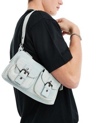 ASOS DESIGN shoulder bag with pockets and buckles in washed denim ASOS DESIGN