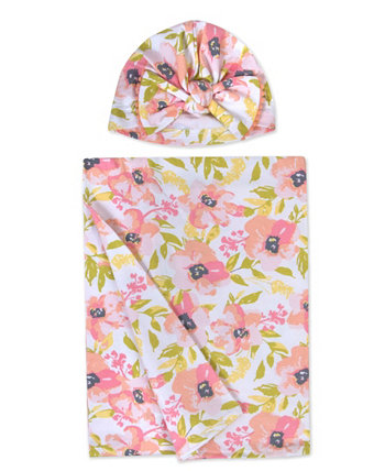 Baby Girls Soft Floral Print Swaddle Wrap Blanket with Matching Turban, 2 Piece Set Baby Essentials