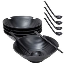 Large Melamine Soup Bowls with Chopsticks and Spoons for Ramen (Black, 4 Sets) Juvale