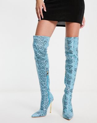 Simmi London Duke stiletto heel over the knee boots in blue snake print  SIMMI Shoes
