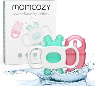 Momcozy Baby Teether Toys, Water Fillable Teether Silicone Cold Teether, Baby Teething Toys Chill Teether, Baby Water Teether for Teething Relief 0-12 Months, Green and Pink 2 Pcs Momcozy