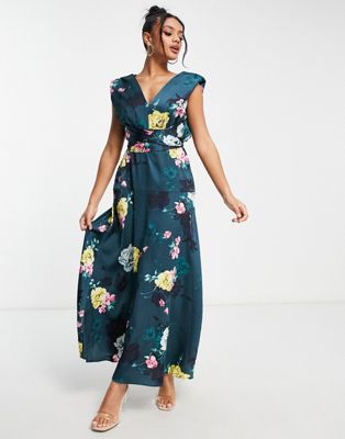 Ликерное платье макси с глубоким вырезом спереди и бирюзовым цветочным принтом Liquorish