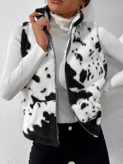 Жилет-куртка с коровьим принтом из плюша SHEIN