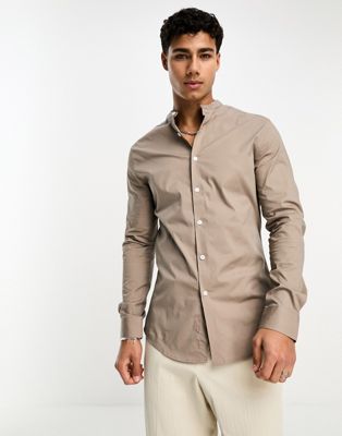 Серо-коричневая рубашка скинни с воротником-стойкой ASOS DESIGN ASOS DESIGN