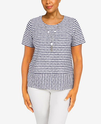 Petite Classics Stripe Texture Knit Top with Necklace Alfred Dunner