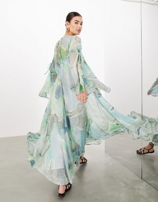 ASOS EDITION long sleeve chiffon maxi dress with gathered detail in blue watercolor print ASOS EDITION