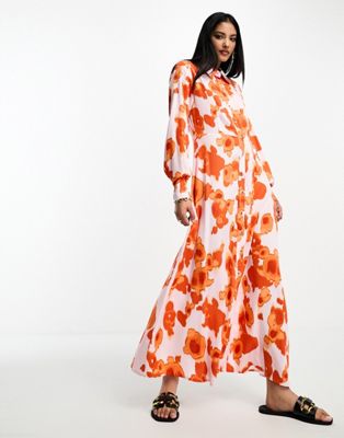 Selected Femme maxi shirt dress in bold orange floral Selected
