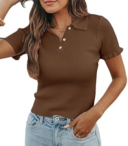 Womens Short Sleeve Sweater Tops V Neck Button Collared Ribbed Knit Pullover Shirt Slim Cropped Fall Blouse Tee MURMUREY