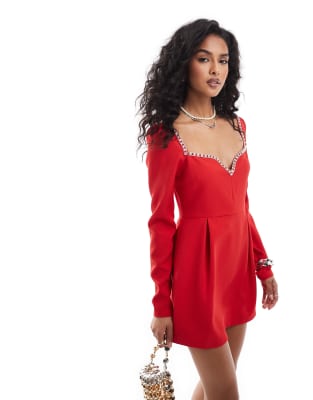 The Frolic exclusive diamante trim sweetheart neckline mini dress in red  The Frolic