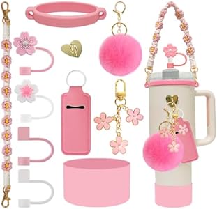 11 PCS Cup Accessories for Stanley Cup, Water Bottle Handle Strap for Stanley 30/40 oz tumbler with handle, including Straw Toppers, Silicone Cup Boot, Keychain Charms - PINK Velaco