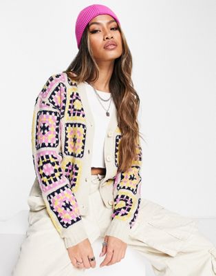 Neon Rose relaxed cardigan in retro crochet print Neon Rose