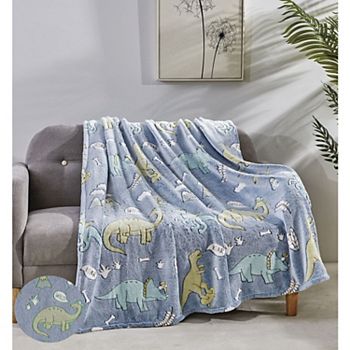 GoodGram Glow in the Dark Blue Dinosaur & Friends Ultra Plush Juvi Fleece Accent Throw Blanket GoodGram