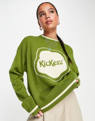 Зеленый вязаный свитер вязки интарсия с крупным логотипом Kickers fleurette Kickers