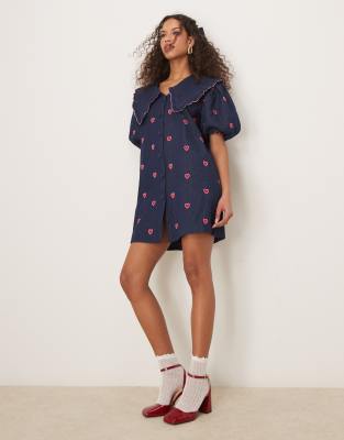 Sister Jane hearts embroidered mini dress in denim blue Sister jane