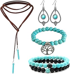 Hand Braided Rope Beades Turquoise Wrap Bracelet, Vintage Exaggerated Turquoise Ring and Turquoise Necklace and Dangle Hook Earrings Earring, Jewelry Gift for Women Girls Soulnioi