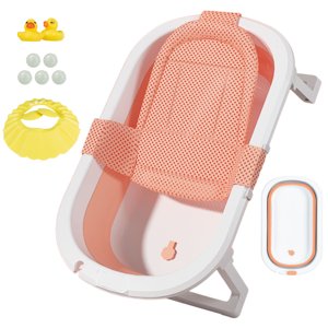 RICHYOUNG 31"Foldable Baby Bathtub with Mesh Mat+Toy, Portable Travel Tub for Infant to Toddler,Pink RICHYOUNG