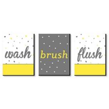 Big Dot of Happiness Yellow and Gray - Kids Bathroom Rules Wall Art - 7.5 x 10 inches - Set of 3 Signs - Wash, Brush, Flush Big Dot of Happiness