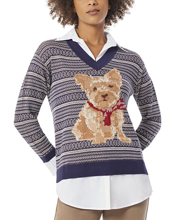 Женский многослойный свитер с v-образным вырезом и шарфом для собак Jones New York