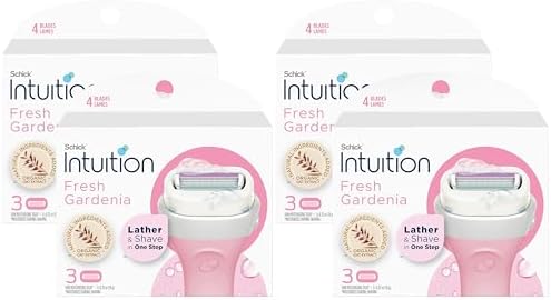 Schick Intuition - Lather & Shave In One Stop - Fresh Gardenia, Organic Oat Extract - Women's Razor Blade Refills - 3 Count Pack of 4 = 12 Cartridges, Vary Intuition